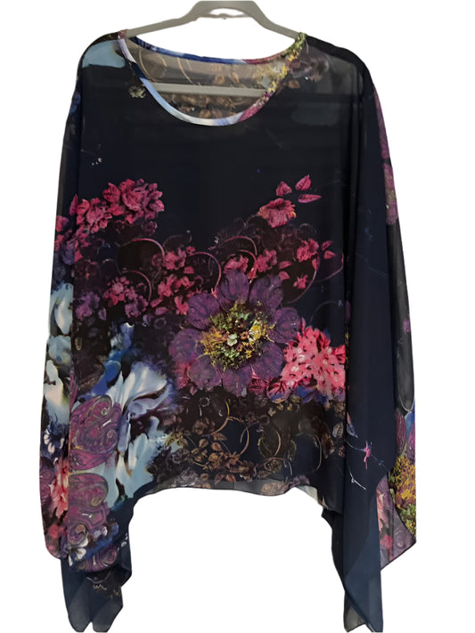 Dark Blue Multicolored Floral Poncho Size- XL