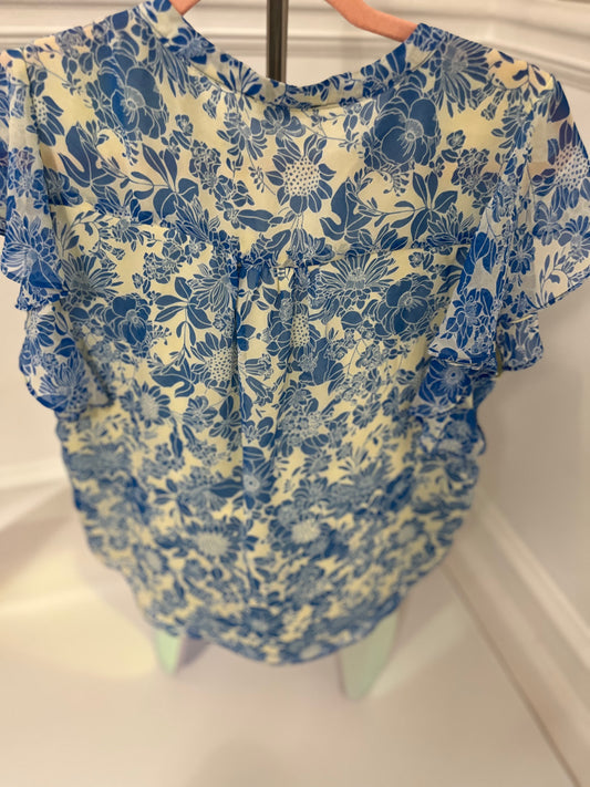 TAHARI Bue and Creme Floral top Size -M