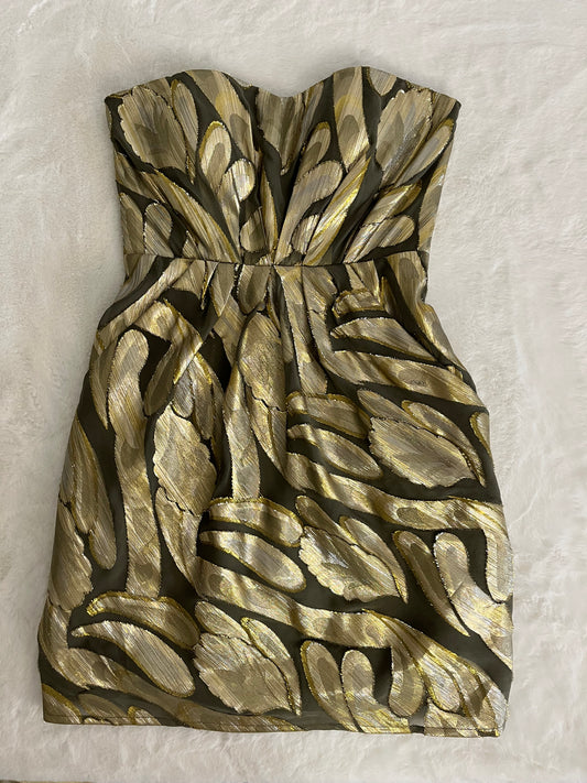 TWELETH STREET  by Cynthia Vincent  Designer Oive Green & Gold silk Party Dress Size -0